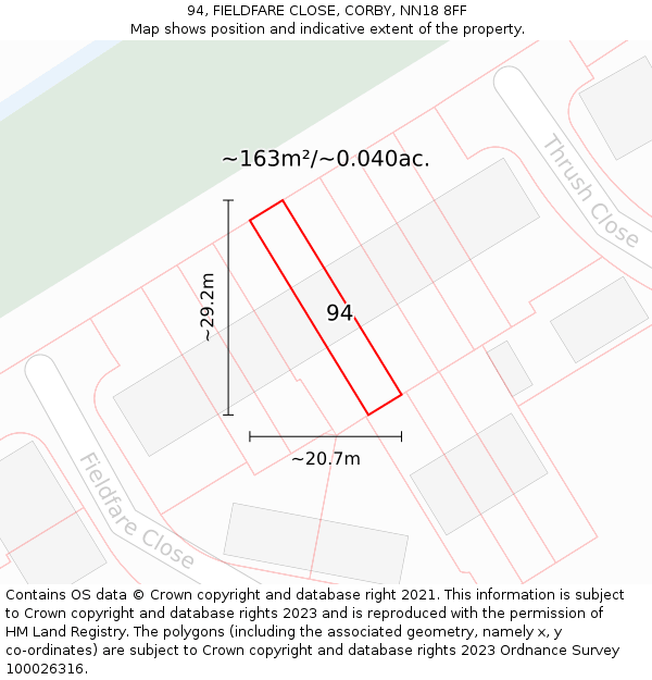 94, FIELDFARE CLOSE, CORBY, NN18 8FF: Plot and title map