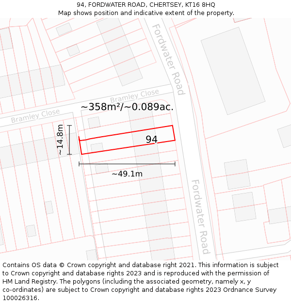 94, FORDWATER ROAD, CHERTSEY, KT16 8HQ: Plot and title map
