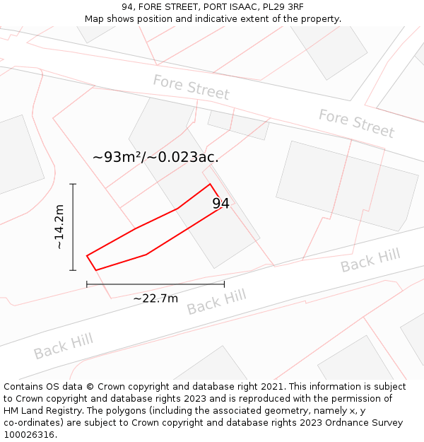 94, FORE STREET, PORT ISAAC, PL29 3RF: Plot and title map