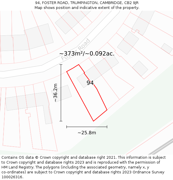 94, FOSTER ROAD, TRUMPINGTON, CAMBRIDGE, CB2 9JR: Plot and title map