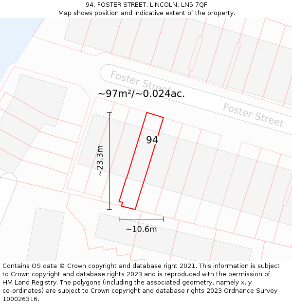 94, FOSTER STREET, LINCOLN, LN5 7QF: Plot and title map