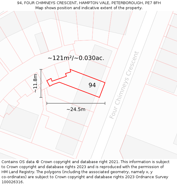 94, FOUR CHIMNEYS CRESCENT, HAMPTON VALE, PETERBOROUGH, PE7 8FH: Plot and title map