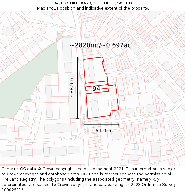94, FOX HILL ROAD, SHEFFIELD, S6 1HB: Plot and title map