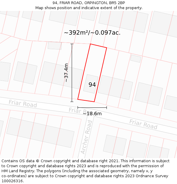 94, FRIAR ROAD, ORPINGTON, BR5 2BP: Plot and title map