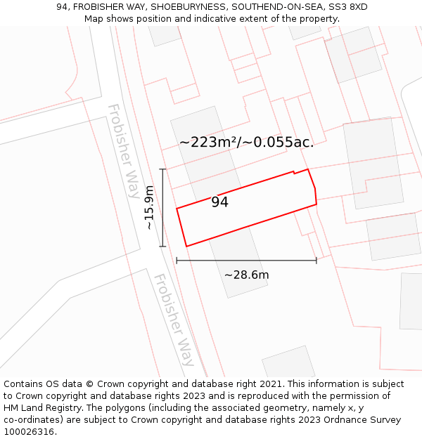 94, FROBISHER WAY, SHOEBURYNESS, SOUTHEND-ON-SEA, SS3 8XD: Plot and title map