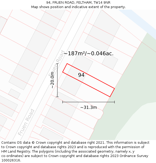 94, FRUEN ROAD, FELTHAM, TW14 9NR: Plot and title map