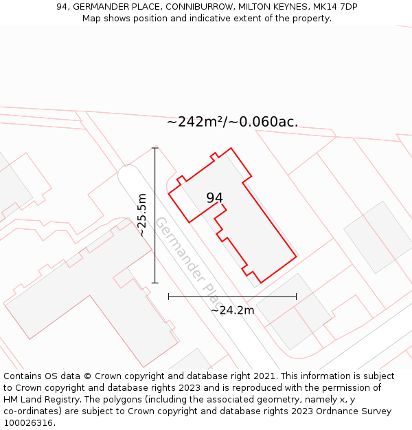 94, GERMANDER PLACE, CONNIBURROW, MILTON KEYNES, MK14 7DP: Plot and title map