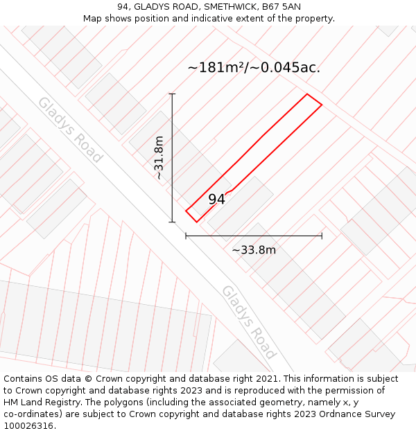94, GLADYS ROAD, SMETHWICK, B67 5AN: Plot and title map