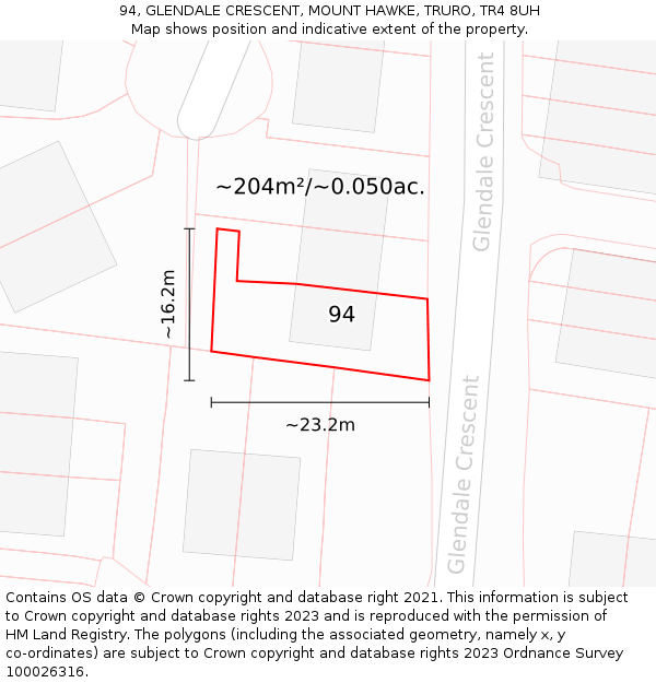 94, GLENDALE CRESCENT, MOUNT HAWKE, TRURO, TR4 8UH: Plot and title map
