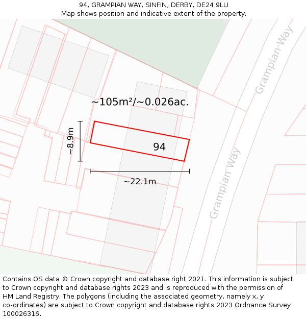 94, GRAMPIAN WAY, SINFIN, DERBY, DE24 9LU: Plot and title map