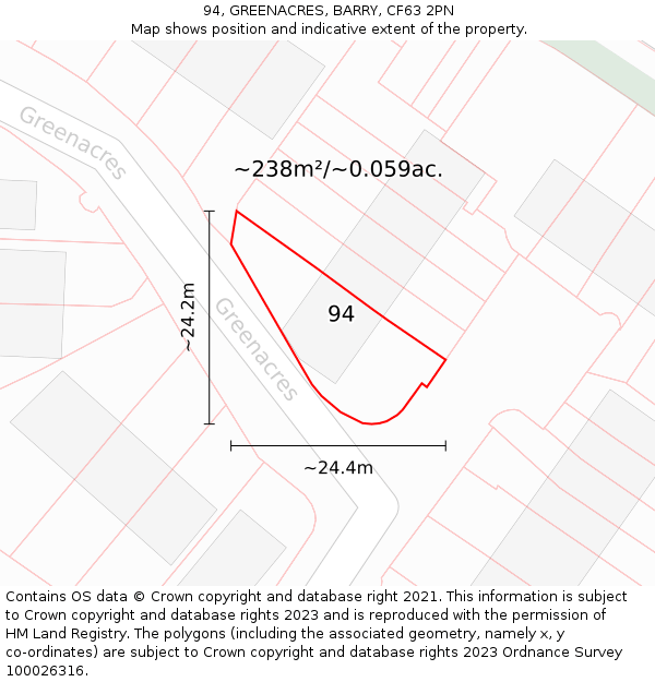 94, GREENACRES, BARRY, CF63 2PN: Plot and title map