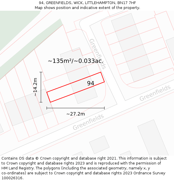 94, GREENFIELDS, WICK, LITTLEHAMPTON, BN17 7HF: Plot and title map