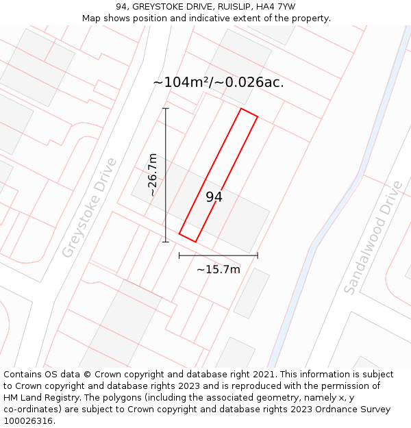 94, GREYSTOKE DRIVE, RUISLIP, HA4 7YW: Plot and title map