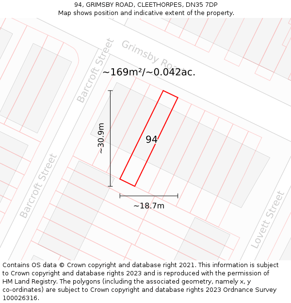 94, GRIMSBY ROAD, CLEETHORPES, DN35 7DP: Plot and title map