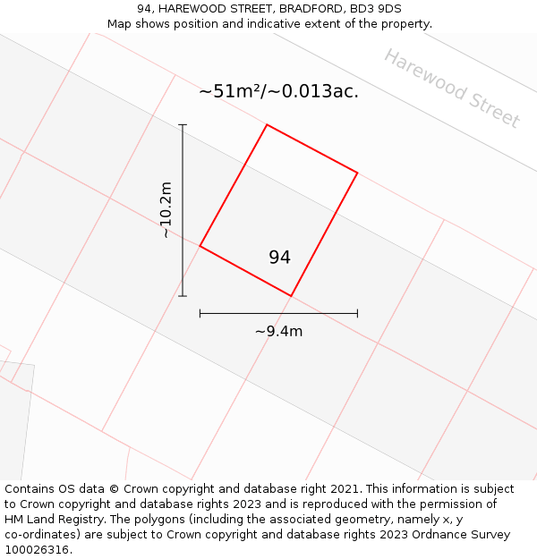 94, HAREWOOD STREET, BRADFORD, BD3 9DS: Plot and title map