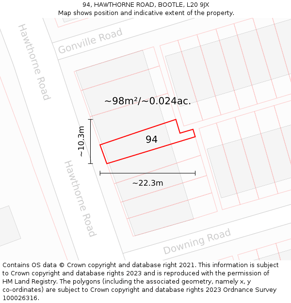 94, HAWTHORNE ROAD, BOOTLE, L20 9JX: Plot and title map