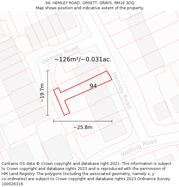 94, HEMLEY ROAD, ORSETT, GRAYS, RM16 3DQ: Plot and title map