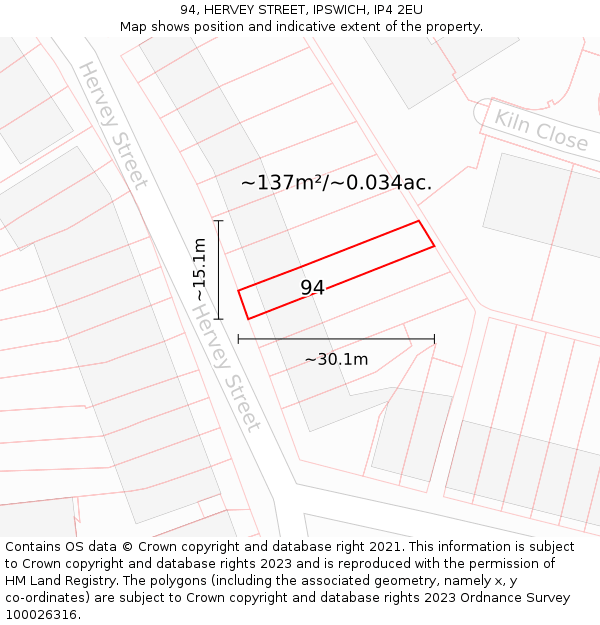 94, HERVEY STREET, IPSWICH, IP4 2EU: Plot and title map