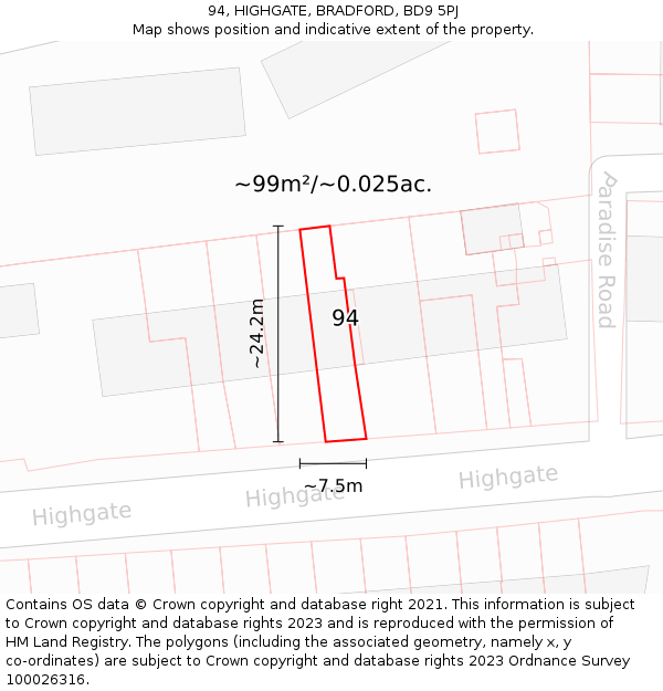 94, HIGHGATE, BRADFORD, BD9 5PJ: Plot and title map