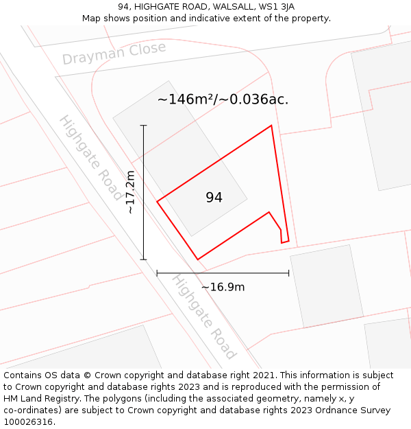 94, HIGHGATE ROAD, WALSALL, WS1 3JA: Plot and title map