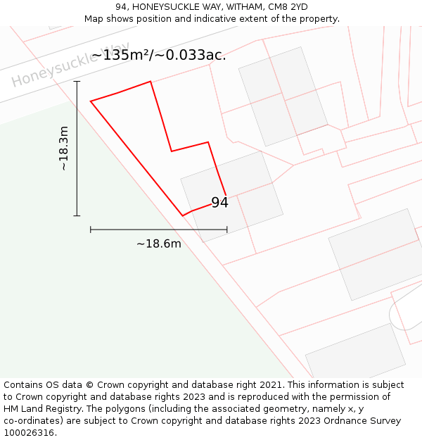 94, HONEYSUCKLE WAY, WITHAM, CM8 2YD: Plot and title map