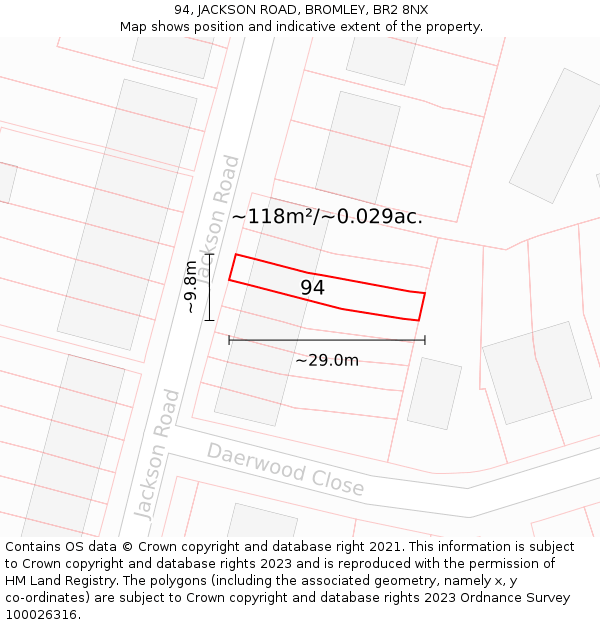 94, JACKSON ROAD, BROMLEY, BR2 8NX: Plot and title map