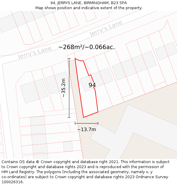 94, JERRYS LANE, BIRMINGHAM, B23 5PA: Plot and title map