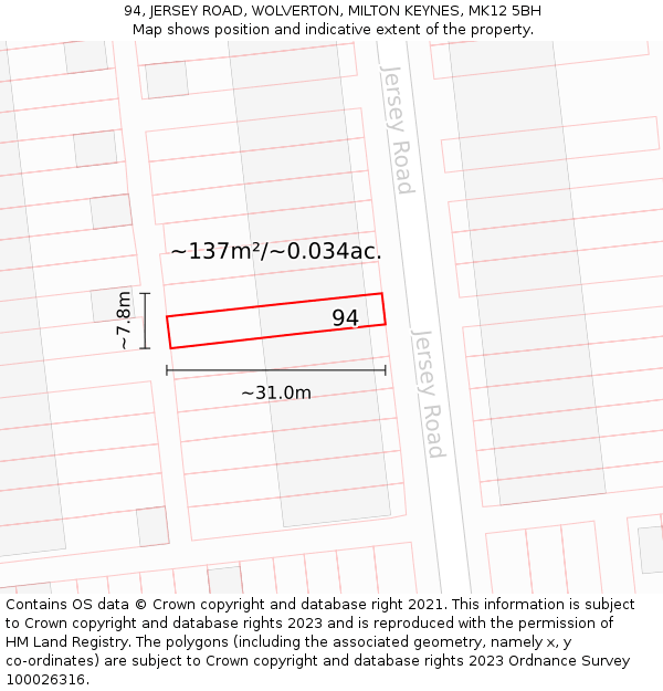 94, JERSEY ROAD, WOLVERTON, MILTON KEYNES, MK12 5BH: Plot and title map