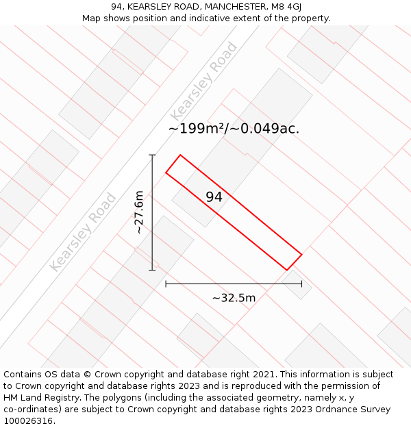 94, KEARSLEY ROAD, MANCHESTER, M8 4GJ: Plot and title map