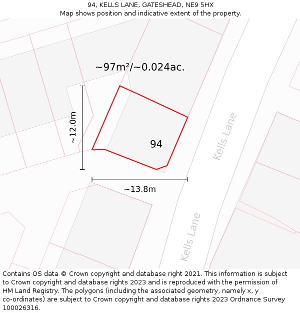 94, KELLS LANE, GATESHEAD, NE9 5HX: Plot and title map