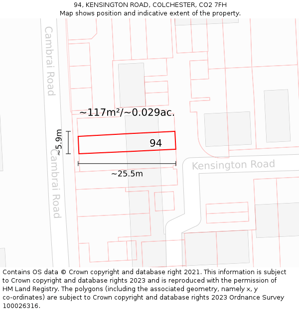 94, KENSINGTON ROAD, COLCHESTER, CO2 7FH: Plot and title map
