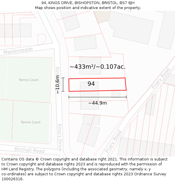 94, KINGS DRIVE, BISHOPSTON, BRISTOL, BS7 8JH: Plot and title map