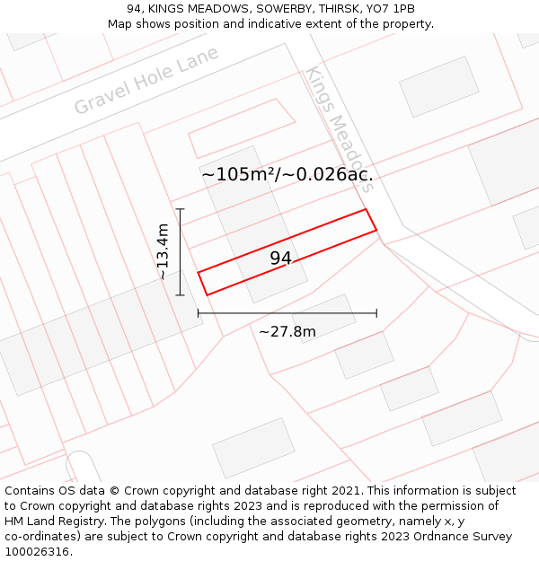 94, KINGS MEADOWS, SOWERBY, THIRSK, YO7 1PB: Plot and title map