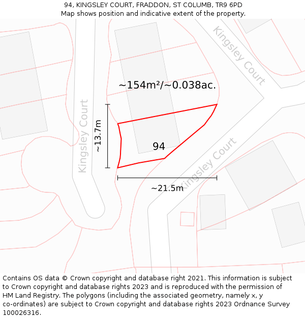 94, KINGSLEY COURT, FRADDON, ST COLUMB, TR9 6PD: Plot and title map