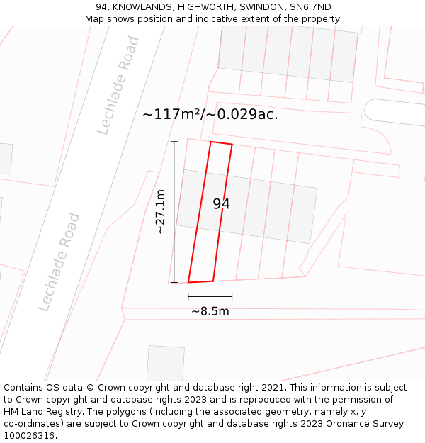 94, KNOWLANDS, HIGHWORTH, SWINDON, SN6 7ND: Plot and title map