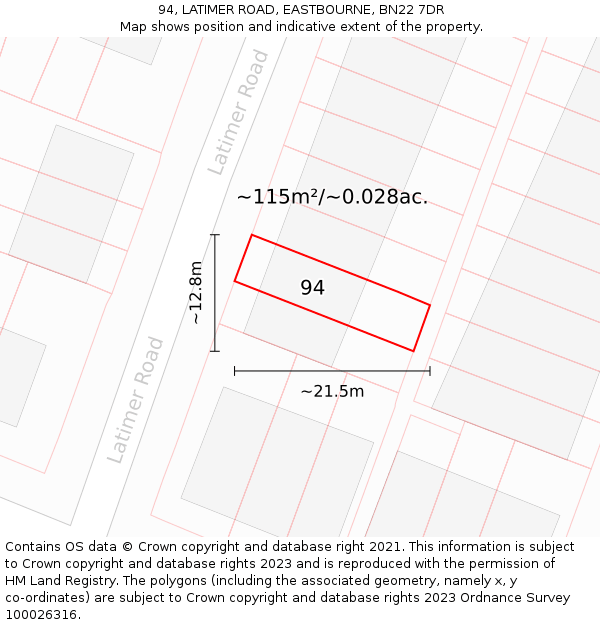 94, LATIMER ROAD, EASTBOURNE, BN22 7DR: Plot and title map