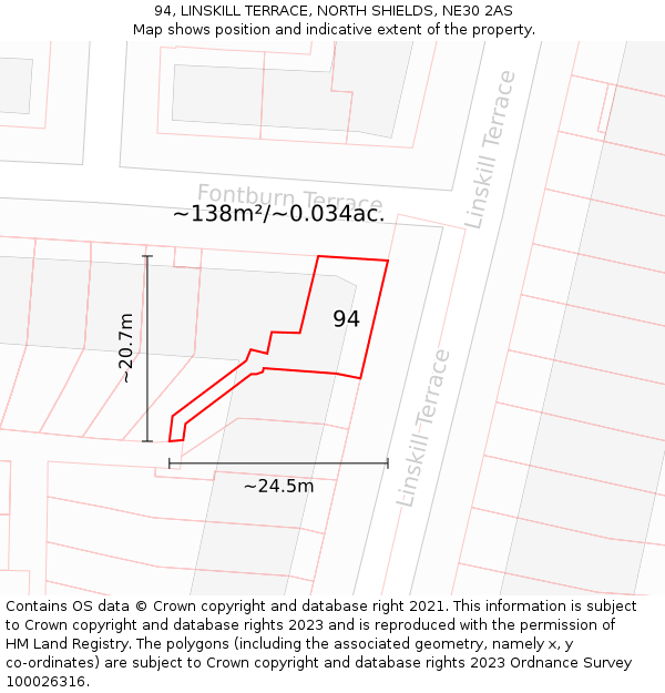 94, LINSKILL TERRACE, NORTH SHIELDS, NE30 2AS: Plot and title map