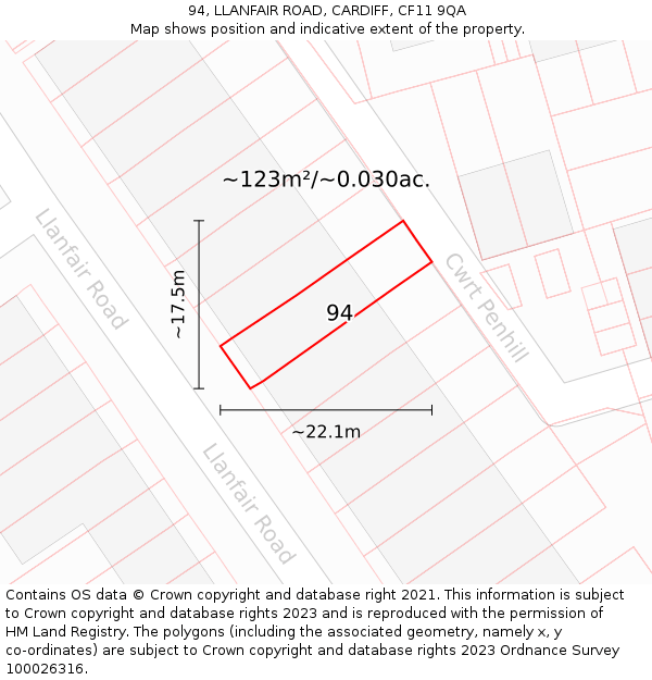 94, LLANFAIR ROAD, CARDIFF, CF11 9QA: Plot and title map