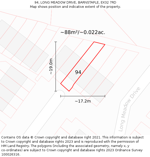 94, LONG MEADOW DRIVE, BARNSTAPLE, EX32 7RD: Plot and title map