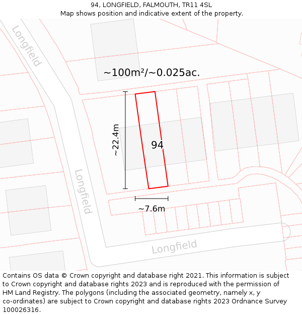 94, LONGFIELD, FALMOUTH, TR11 4SL: Plot and title map