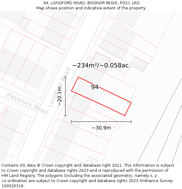 94, LONGFORD ROAD, BOGNOR REGIS, PO21 1AG: Plot and title map