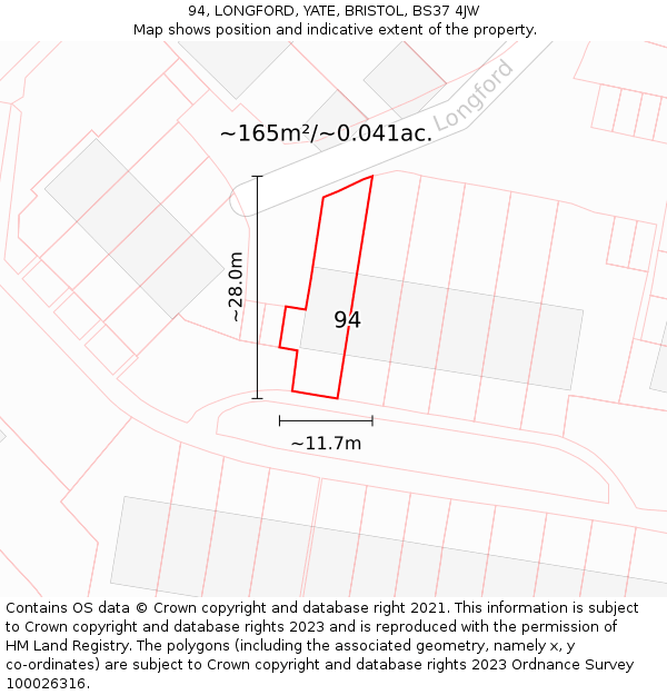 94, LONGFORD, YATE, BRISTOL, BS37 4JW: Plot and title map