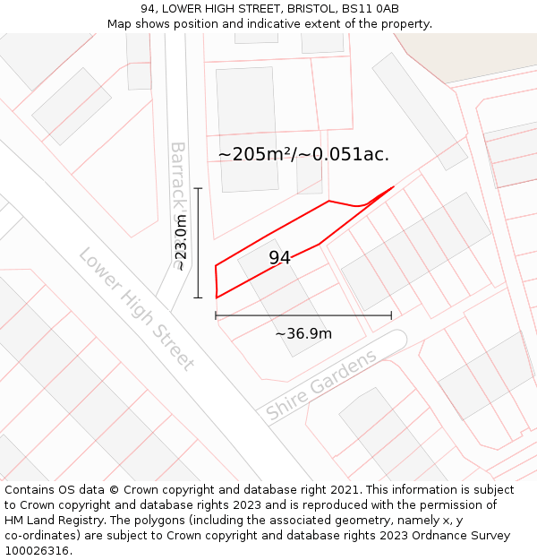 94, LOWER HIGH STREET, BRISTOL, BS11 0AB: Plot and title map