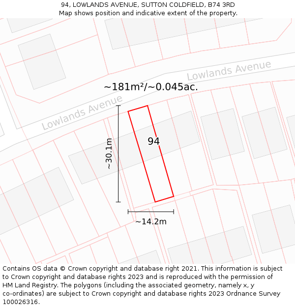 94, LOWLANDS AVENUE, SUTTON COLDFIELD, B74 3RD: Plot and title map