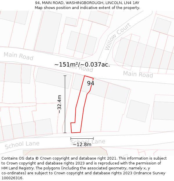 94, MAIN ROAD, WASHINGBOROUGH, LINCOLN, LN4 1AY: Plot and title map