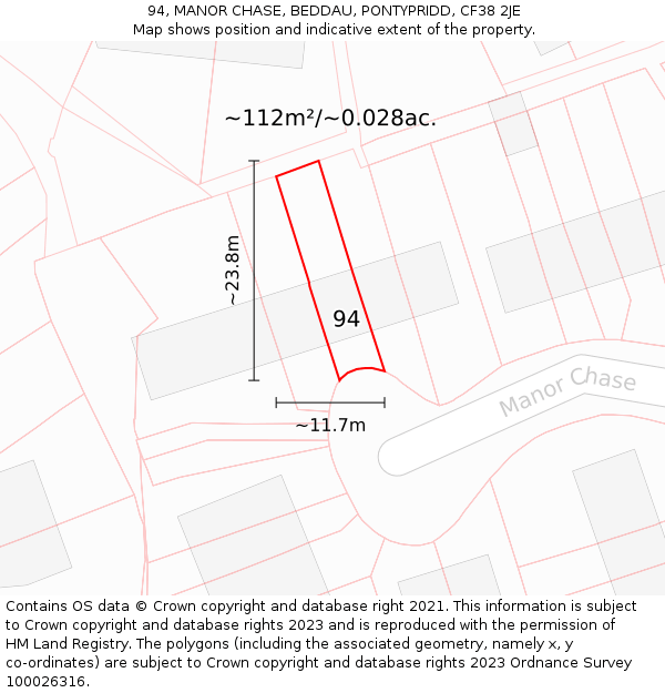 94, MANOR CHASE, BEDDAU, PONTYPRIDD, CF38 2JE: Plot and title map