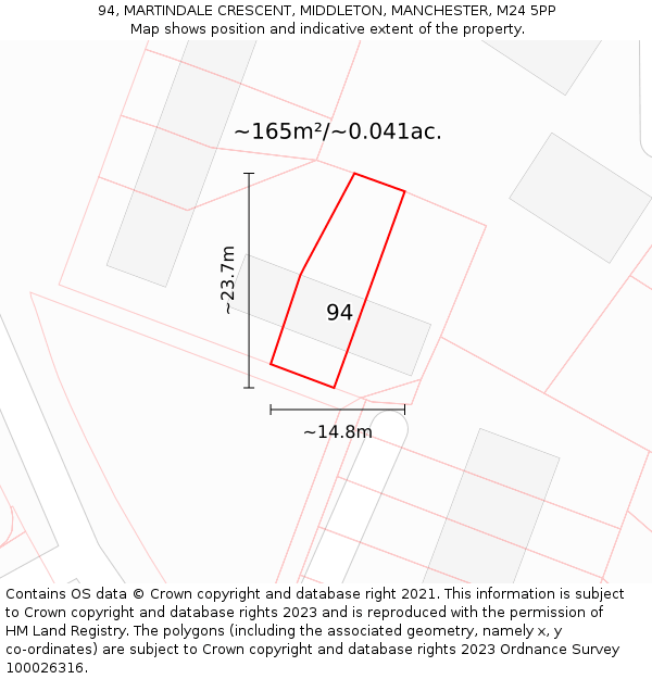 94, MARTINDALE CRESCENT, MIDDLETON, MANCHESTER, M24 5PP: Plot and title map