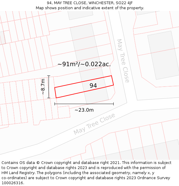 94, MAY TREE CLOSE, WINCHESTER, SO22 4JF: Plot and title map