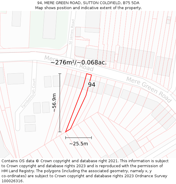 94, MERE GREEN ROAD, SUTTON COLDFIELD, B75 5DA: Plot and title map