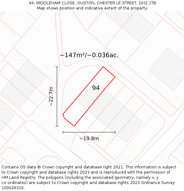 94, MIDDLEHAM CLOSE, OUSTON, CHESTER LE STREET, DH2 1TB: Plot and title map